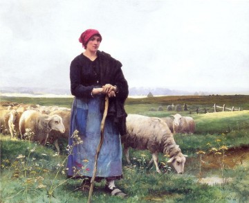 Julien Dupré Painting - Una pastora con su rebaño, la vida en la granja Realismo Julien Dupre